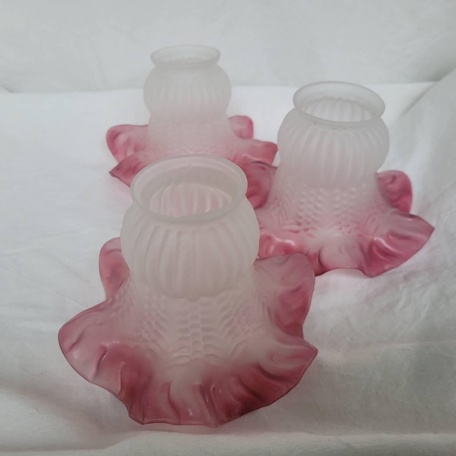 Set of three frosted blown glass tulip lampshades, Art Nouveau