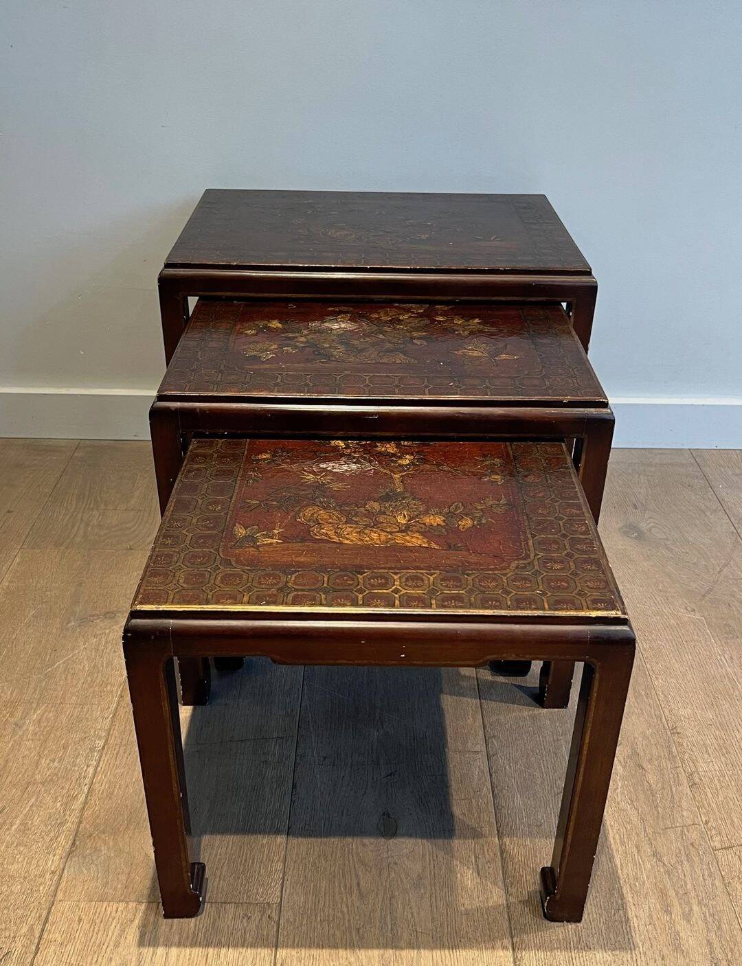 Set of Three Lacquered Nesting Tables with Chinese Decorations, France circa 19