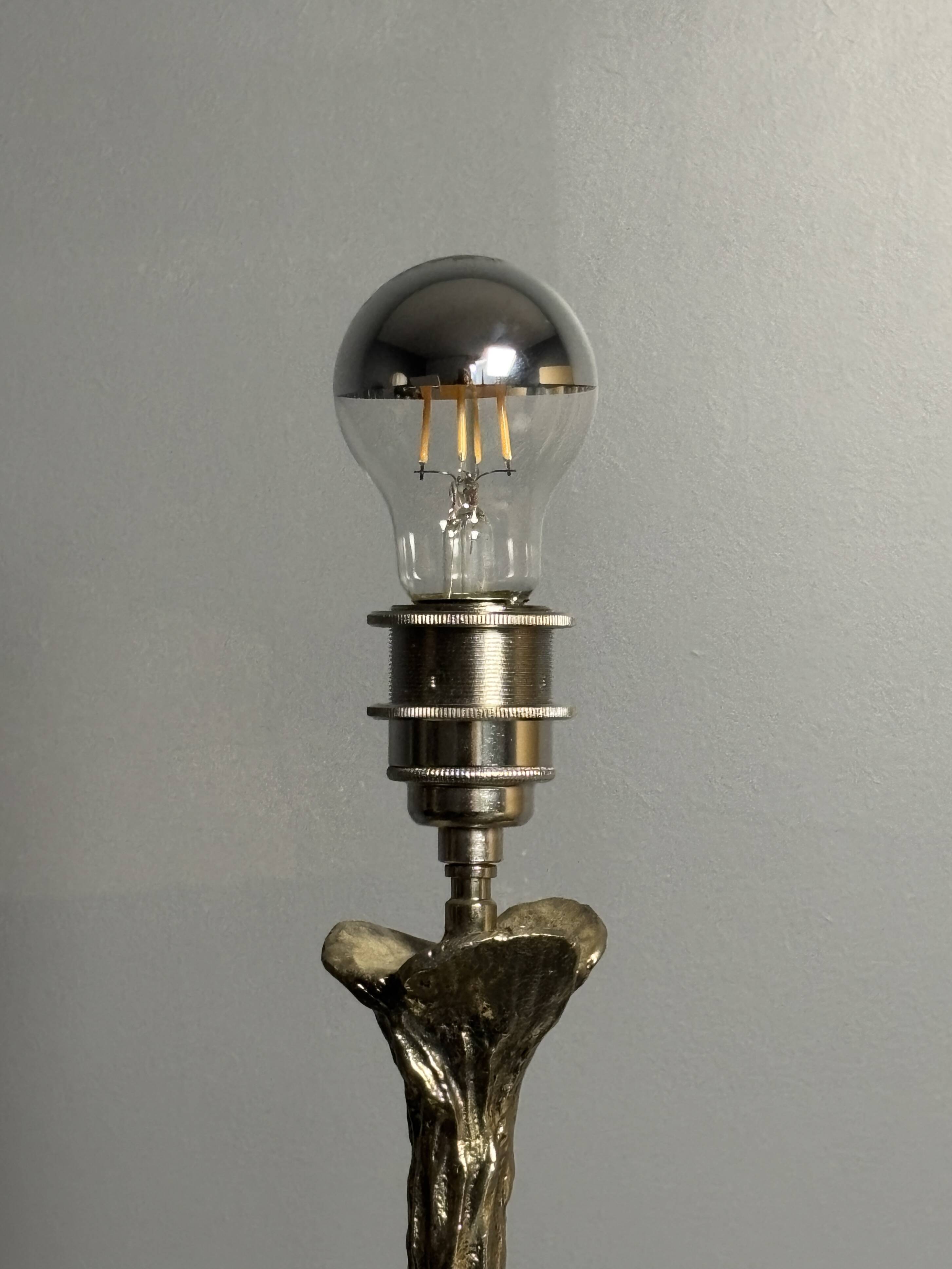 Solid brass silver custom made flower lamp with cocoon fabric shade, 1970s