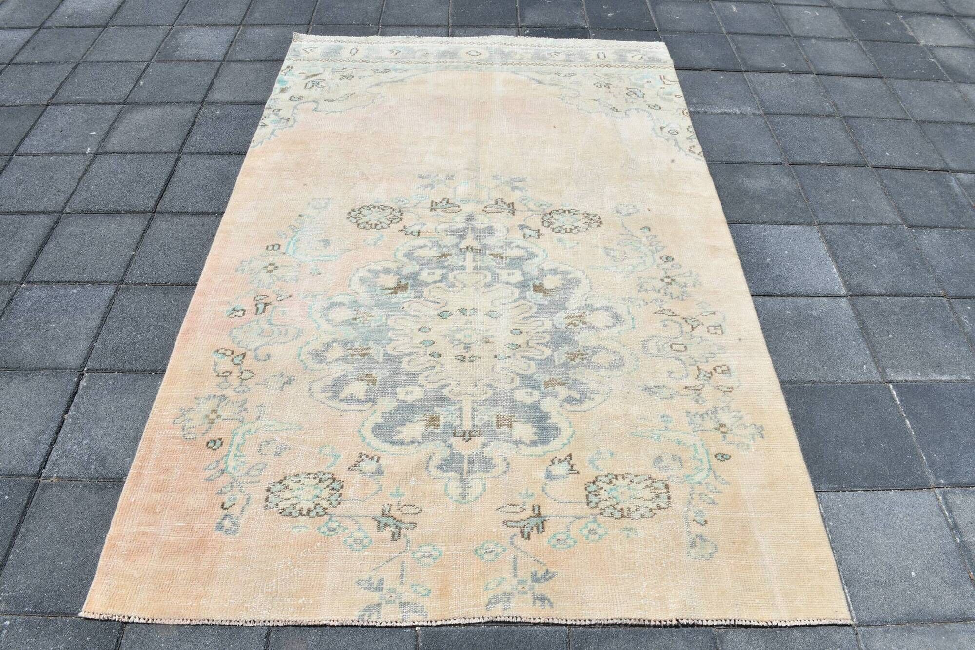 Tapis Oushak Vintage, Laine Turque Beige Pêche & Bleu Délavé, 159x227 Cm