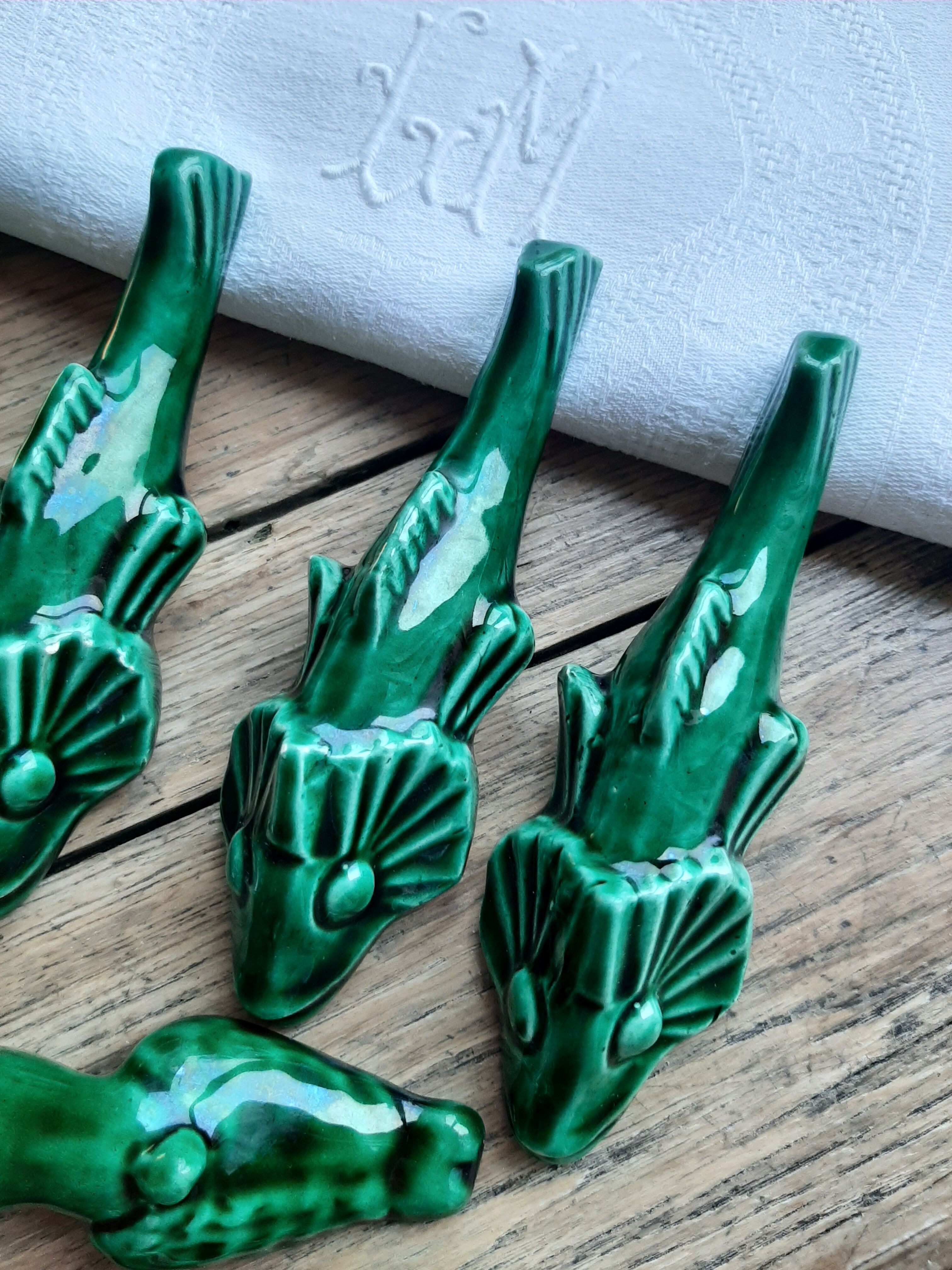 Vintage faience knife holder fish and dogs