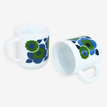 2 Lotus Arcopal France mugs - blue pop flower patterns - vintage 70s