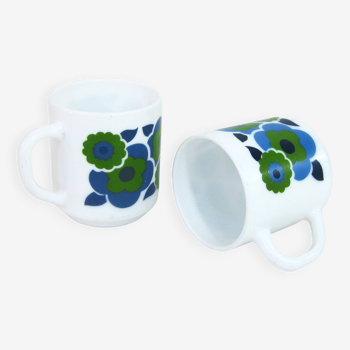 2 mugs Lotus Arcopal France - motifs fleurs pop bleues - vintage années 70