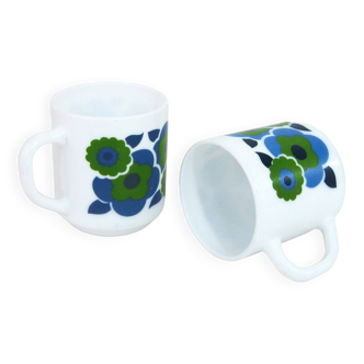 2 mugs Lotus Arcopal France - motifs fleurs pop bleues - vintage années 70