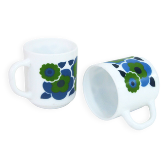 2 Lotus Arcopal France mugs - blue pop flower patterns - vintage 70s
