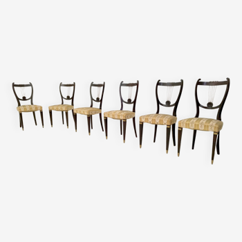 Ensemble de six chaises de salle à manger vintage en hêtre et laiton avec tissu Goldenrod, Italie