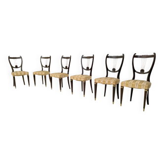 Set of Six Vintage Beech and Brass Dining Chairs with Goldenrod Fabric, Italy