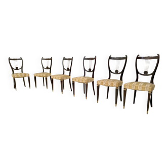 Ensemble de six chaises de salle à manger vintage en hêtre et laiton avec tissu Goldenrod, Italie