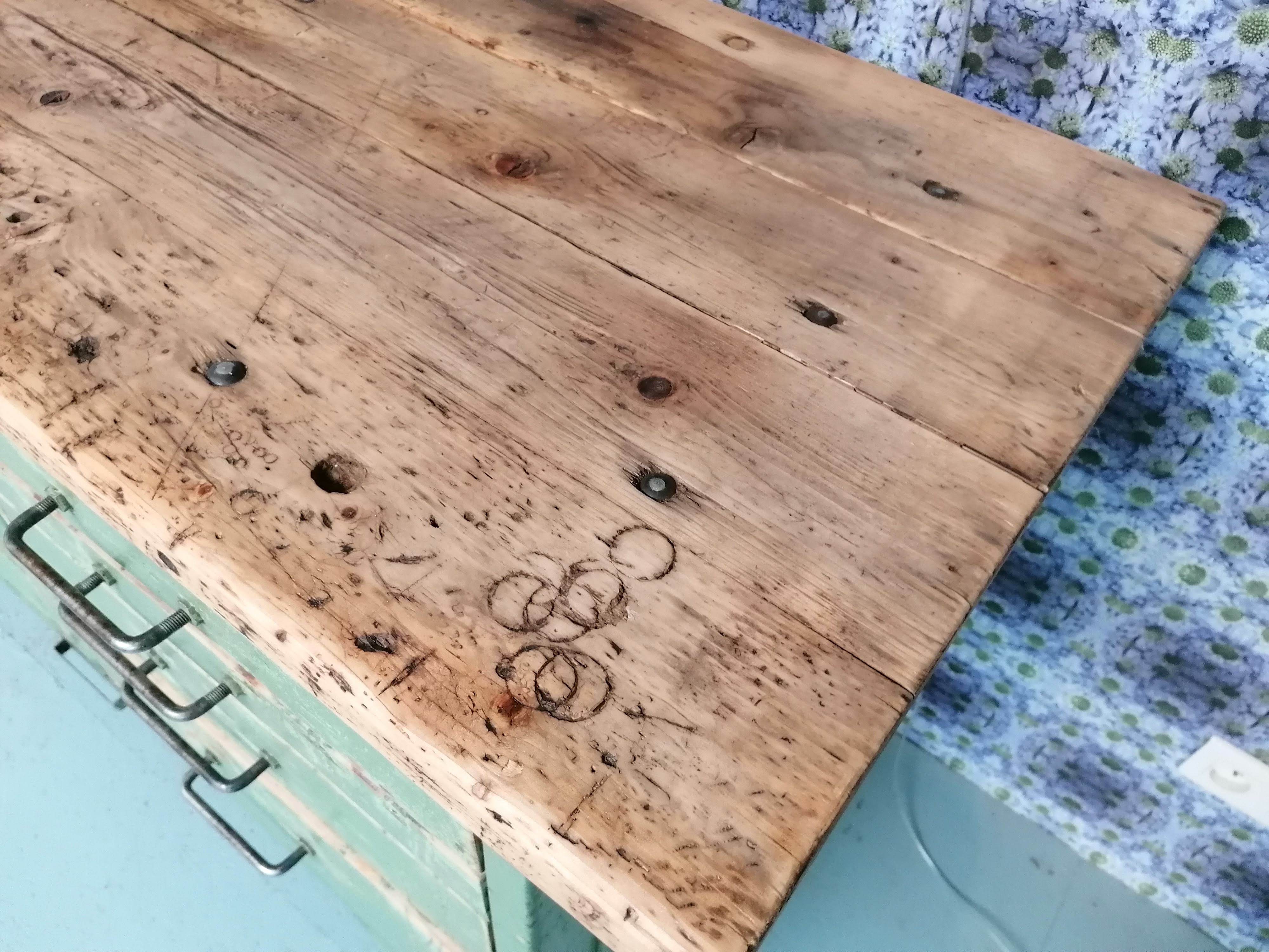 Old wooden garage workbench, industrial vintage.