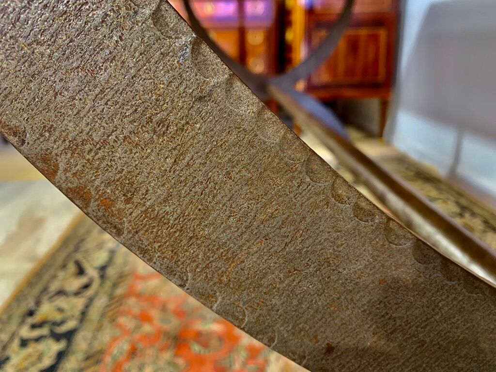 Rectangular wooden table, legs and spacer in hammered ironwork, 60s