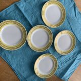 6 small plates with yellow borders and floral pattern gold antiques