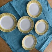 6 small plates with yellow borders and floral pattern gold antiques