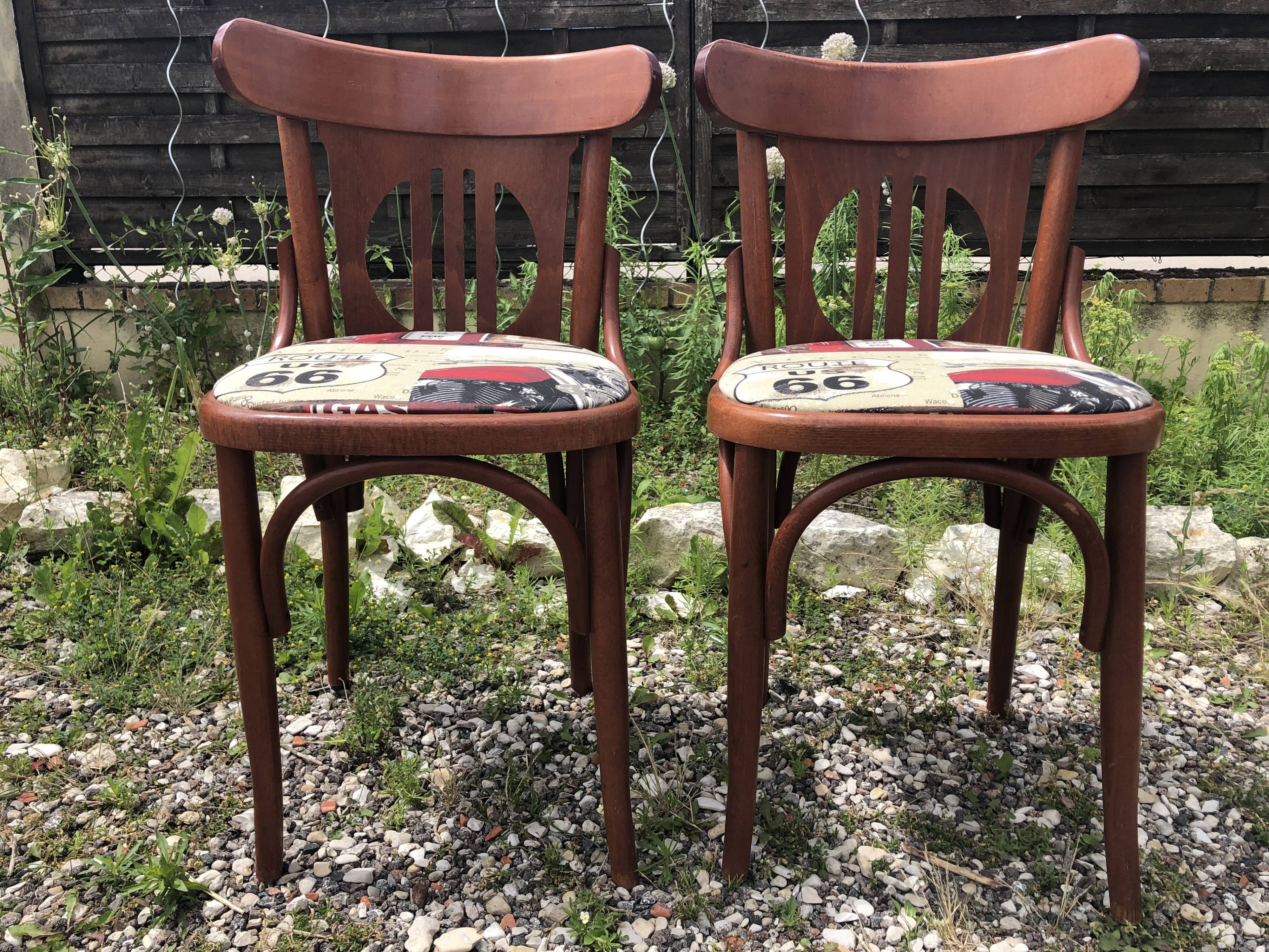 Pair of vintage bentwood chair + route 66 fabric seat