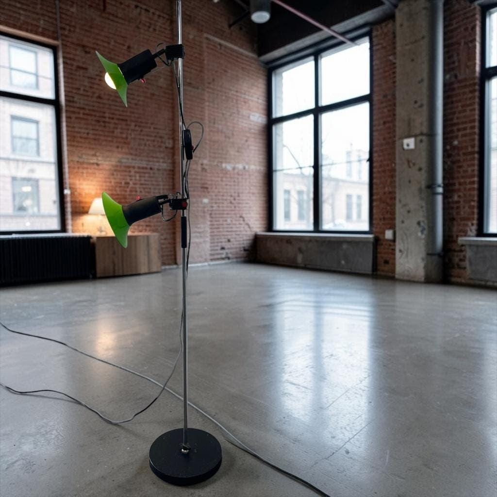 Vintage green fluorescent floor lamp with spots.