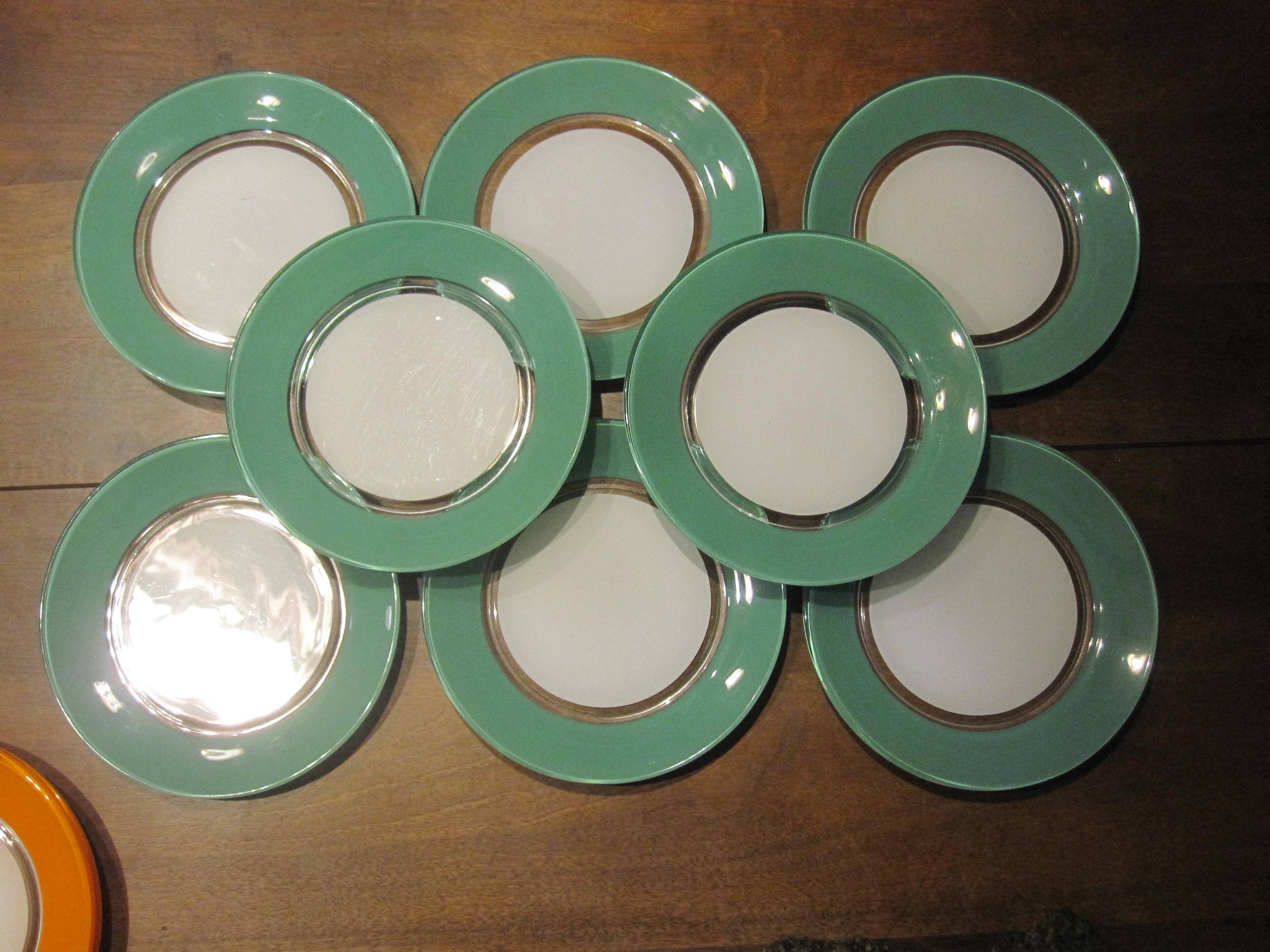 8 small vintage green and white duralex plates
