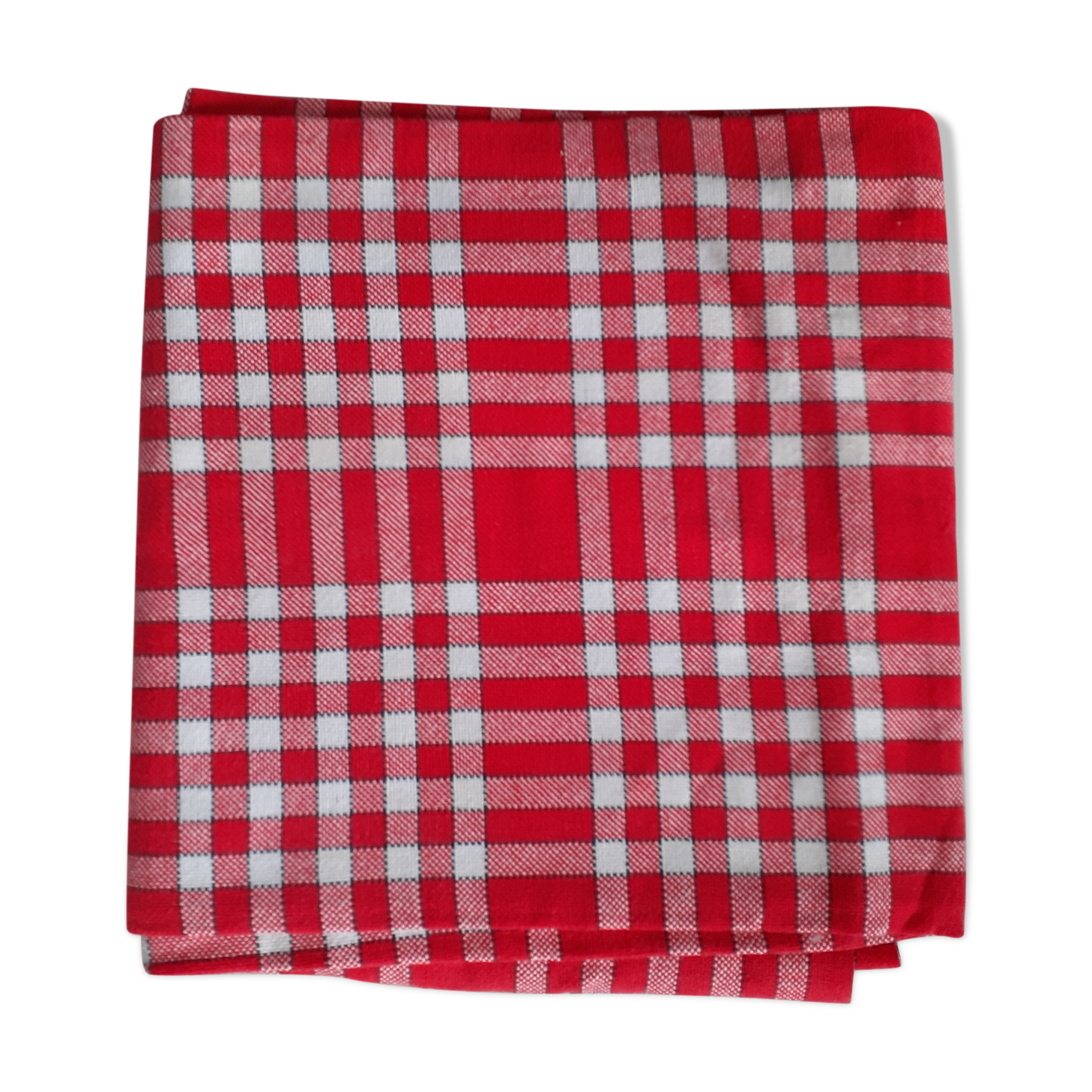 Old tablecloth with small red and white tiles. Cotton- pais.