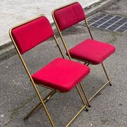 2 folding opera chairs Lafuma France 1970 in gold and burgundy.
