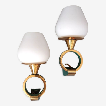 Pair of sconces in gilded brass and Art Deco lacquered