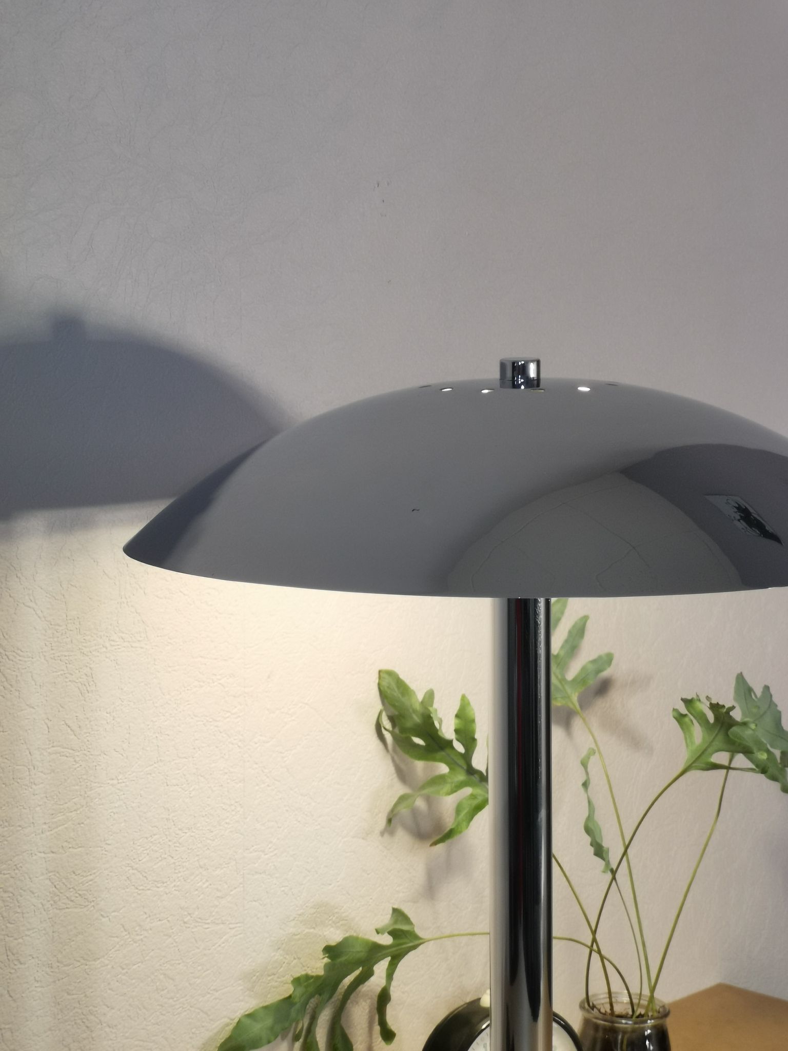 Mushroom lamp, chrome metal saucer, Aluminor, France, 1970