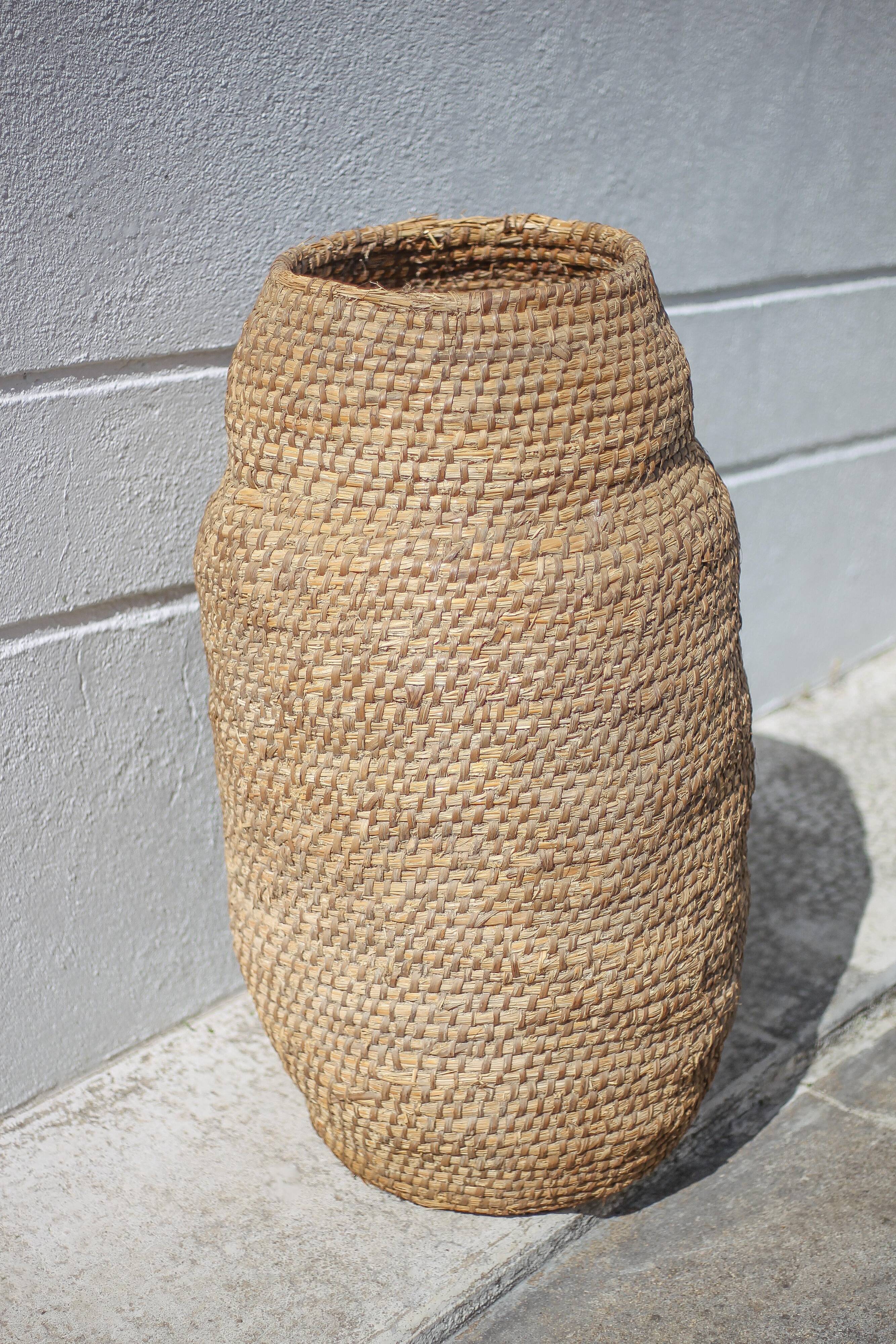 Large old basket, burgundy straw and bramble, woven basket