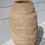 Large old basket, burgundy straw and bramble, woven basket