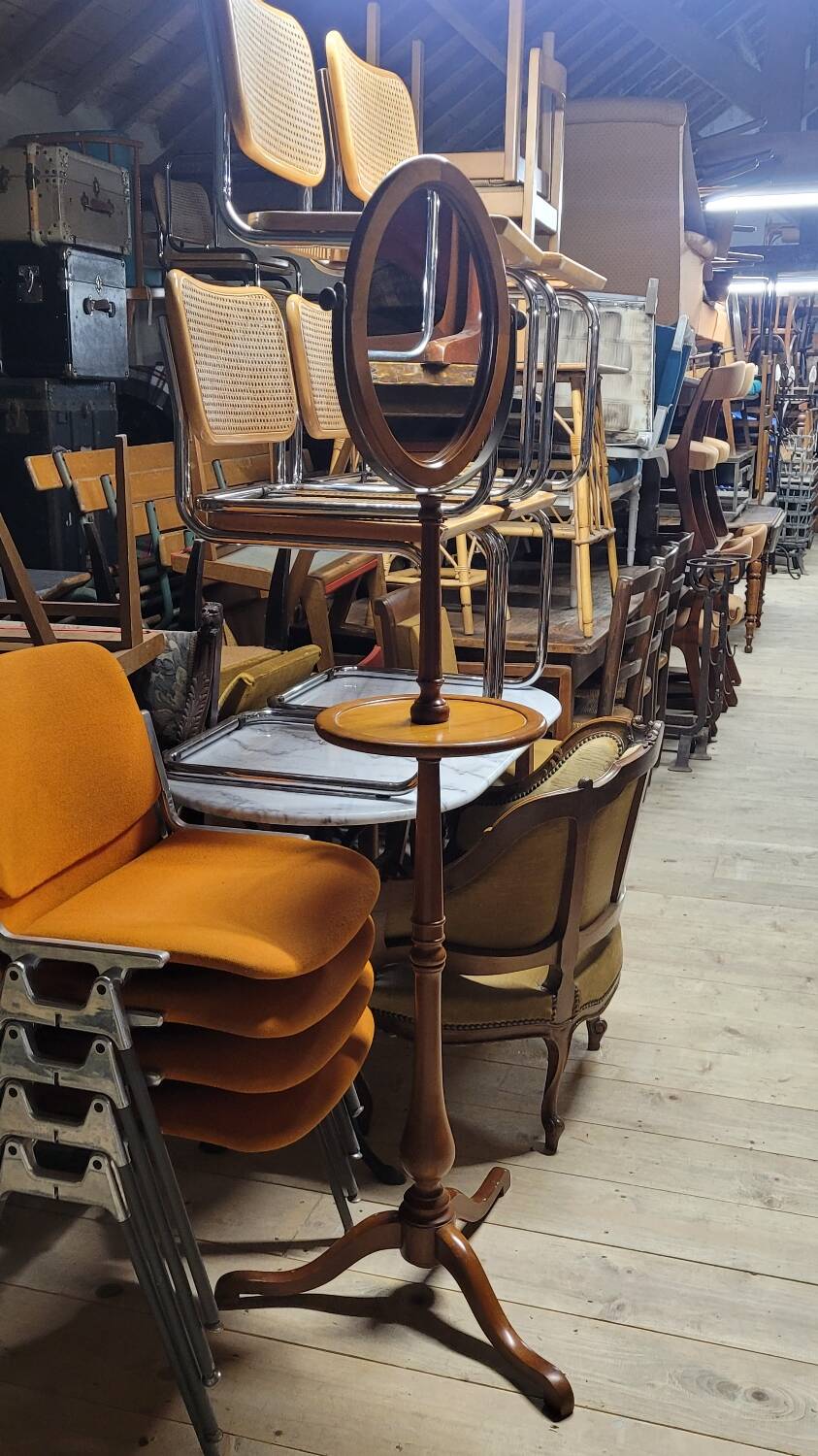 Tripod base psyché barber mirror in cherry wood with a system