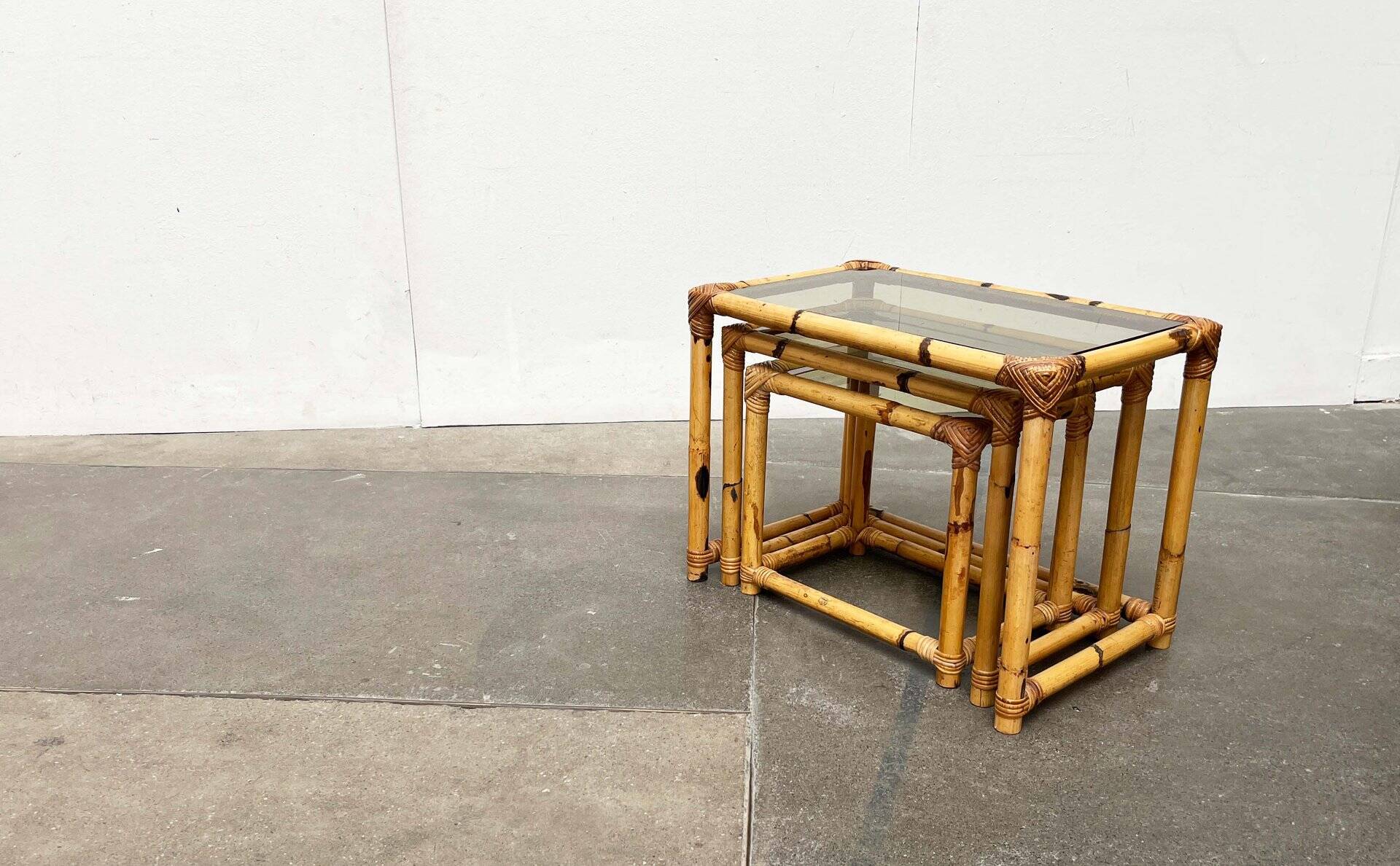 Nest of bamboo and glass tables in mid-century style, 1960s, set of 3.
