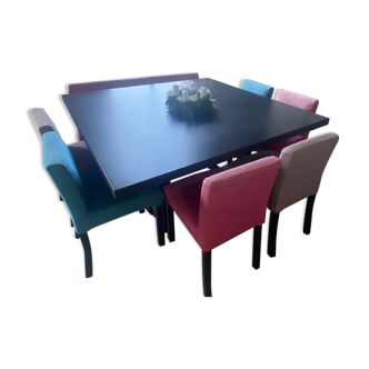 Design square table with its 6 chairs and twin bench