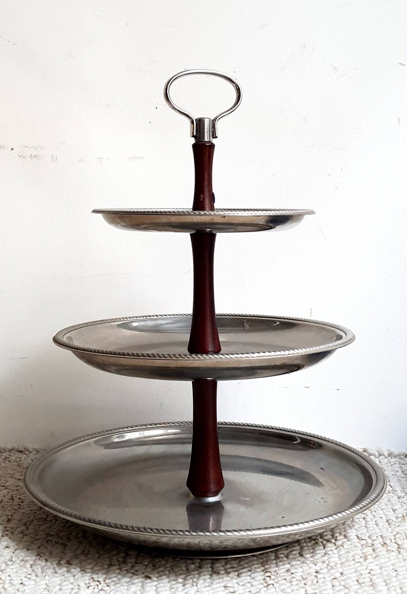 3-tier rotating dessert tray by Alessi Fratelli mod. Alfra Stainless Steel and Rosewood 1970