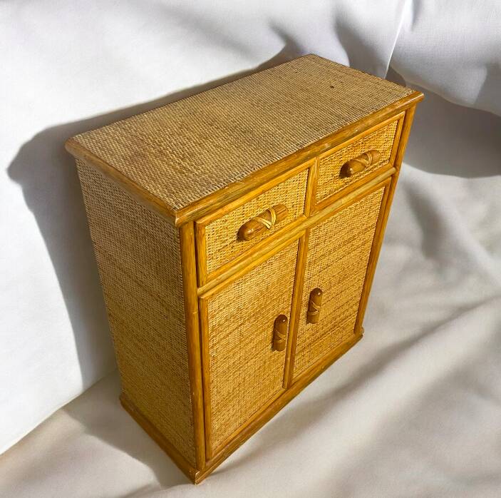 Vintage wooden and rattan chest of drawers