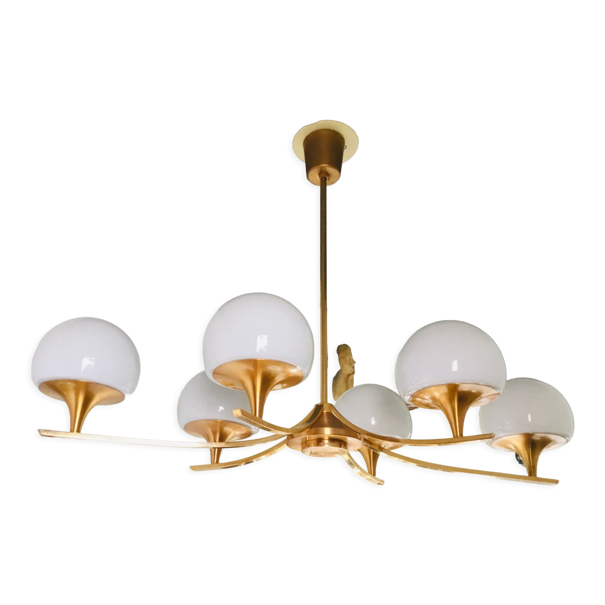 Large space-age chandelier with 6 lights - brass and opaline - design 1970