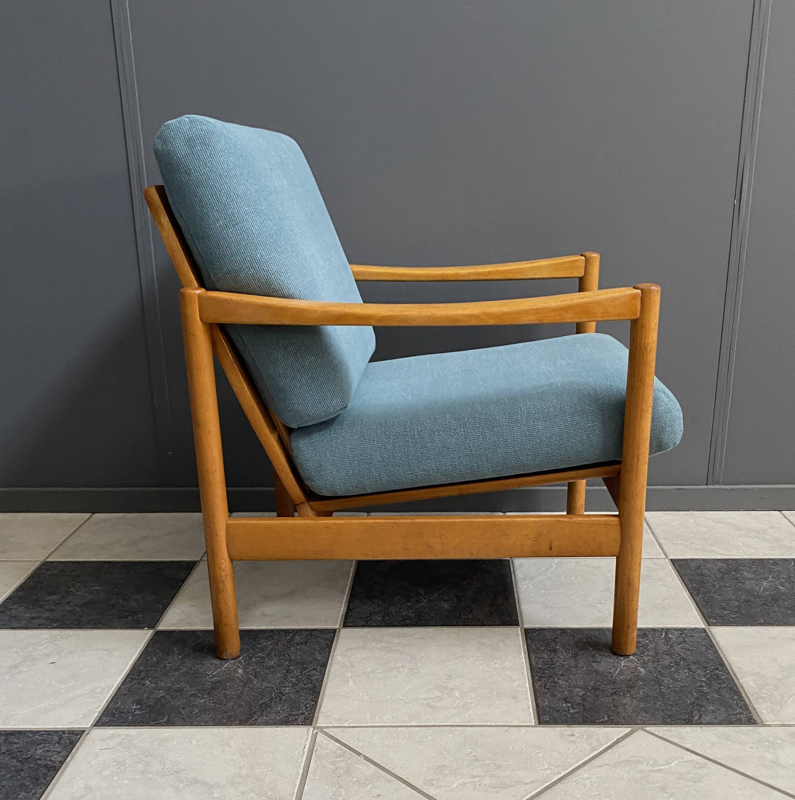 Wood arm chair reupholstered in blue fabric 1960s