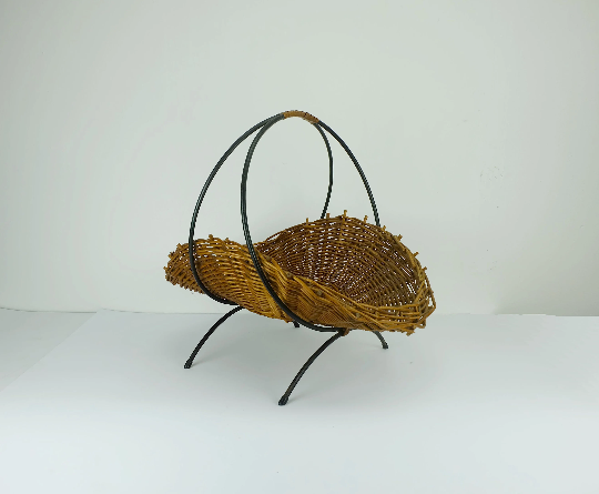 willow BASKET with black metal frame mid century 1950s fruit basket