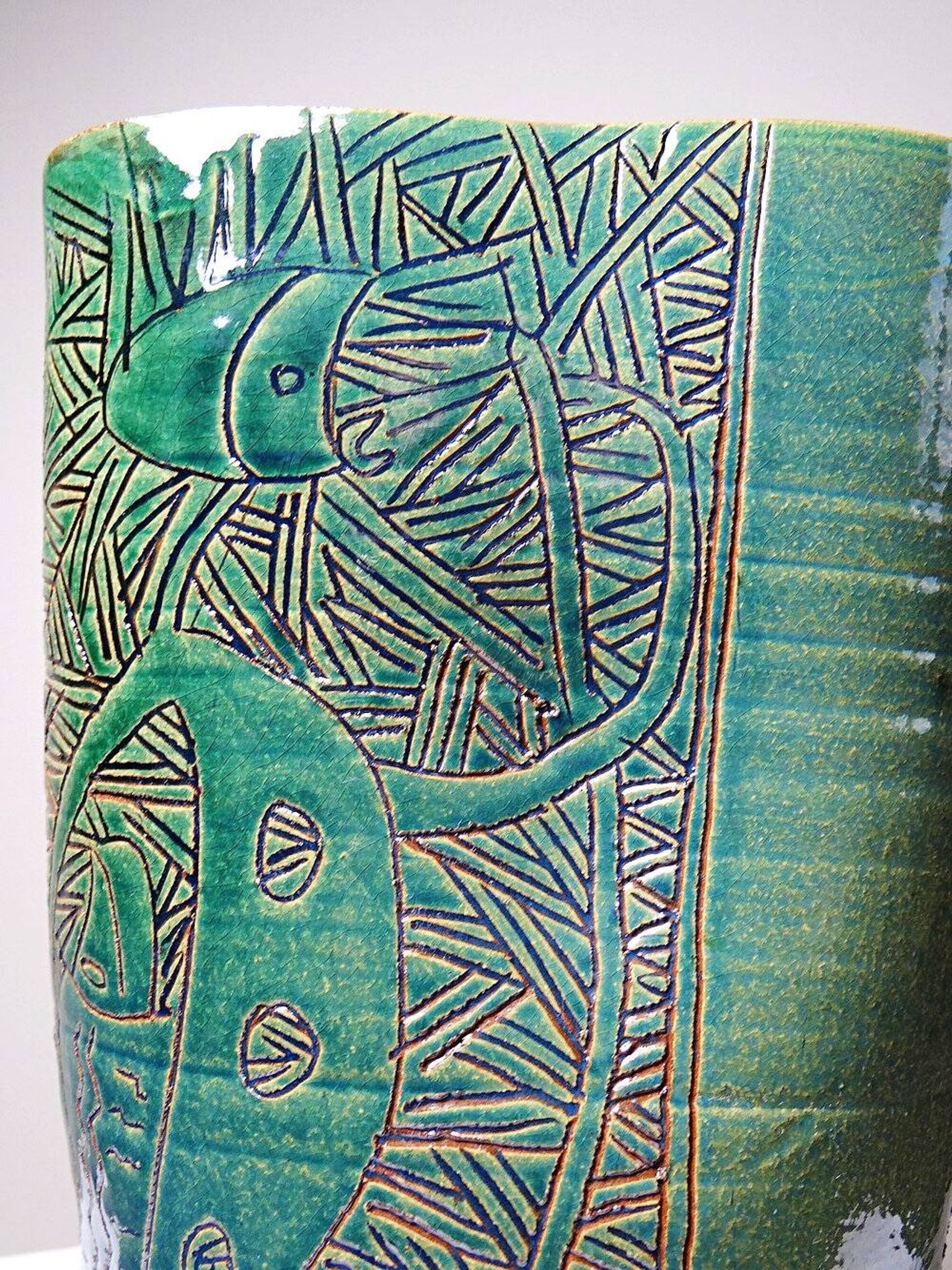 Vintage blue-green handcrafted pottery vase with incised tribal design by Eseka Pottery