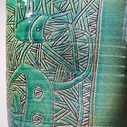 Vintage blue-green handcrafted pottery vase with incised tribal design by Eseka Pottery