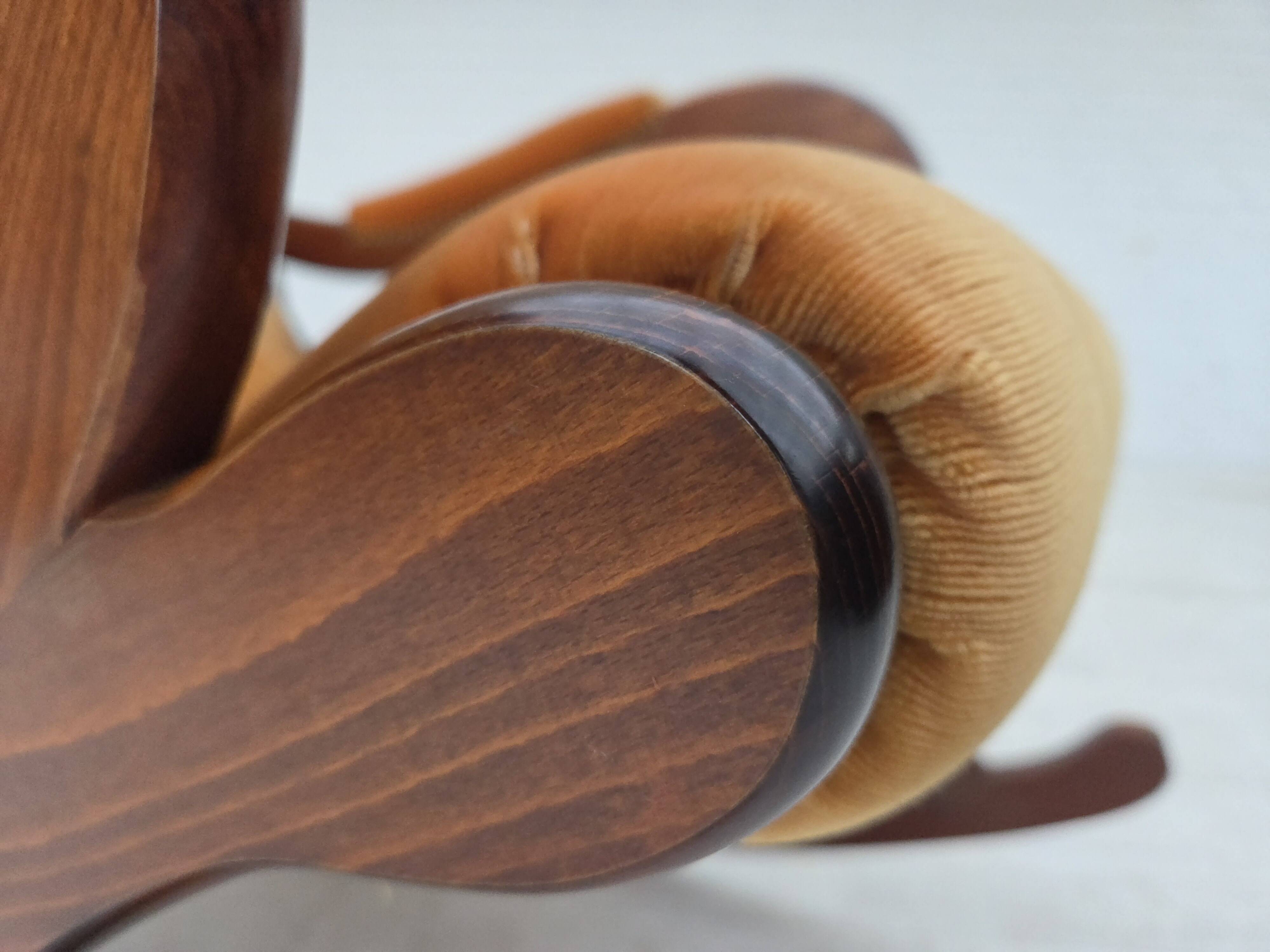 1960s, Scandinavian rocking chair, furniture velour, dark beech wood.