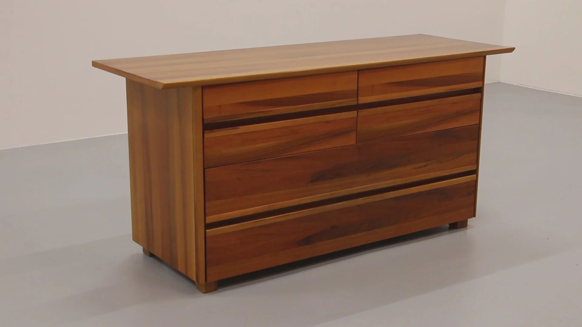 Italian architectural chest of drawers in walnut, 1970, Italy