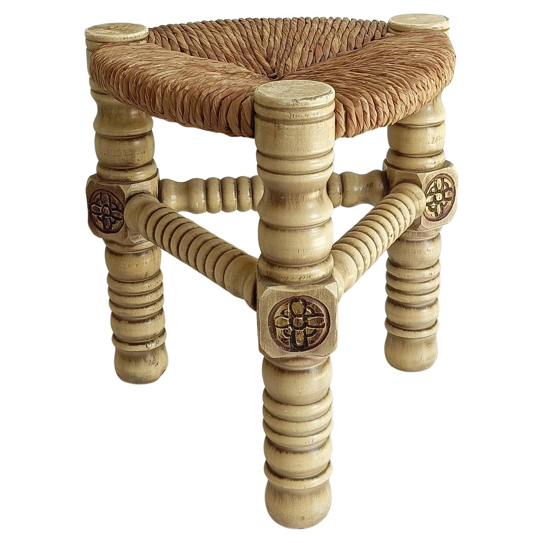 Brutalist Hand-Carved Wood and Fiber Stools, Belgium, Circa 1960s