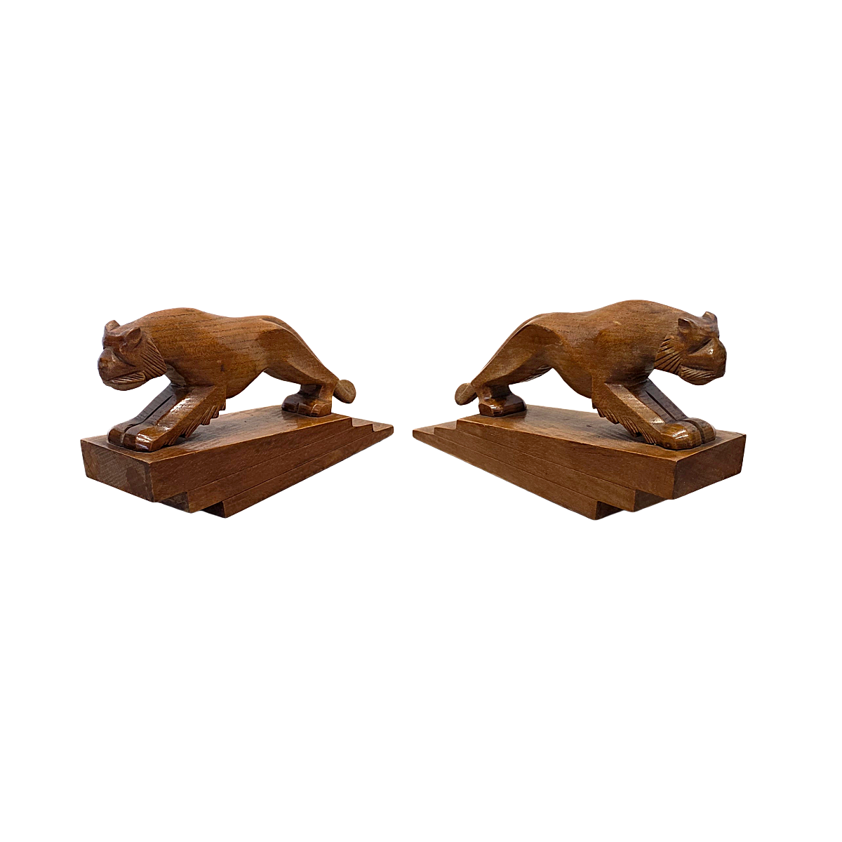 Art Deco Wooden Bookends With Tigers, 1920/30s