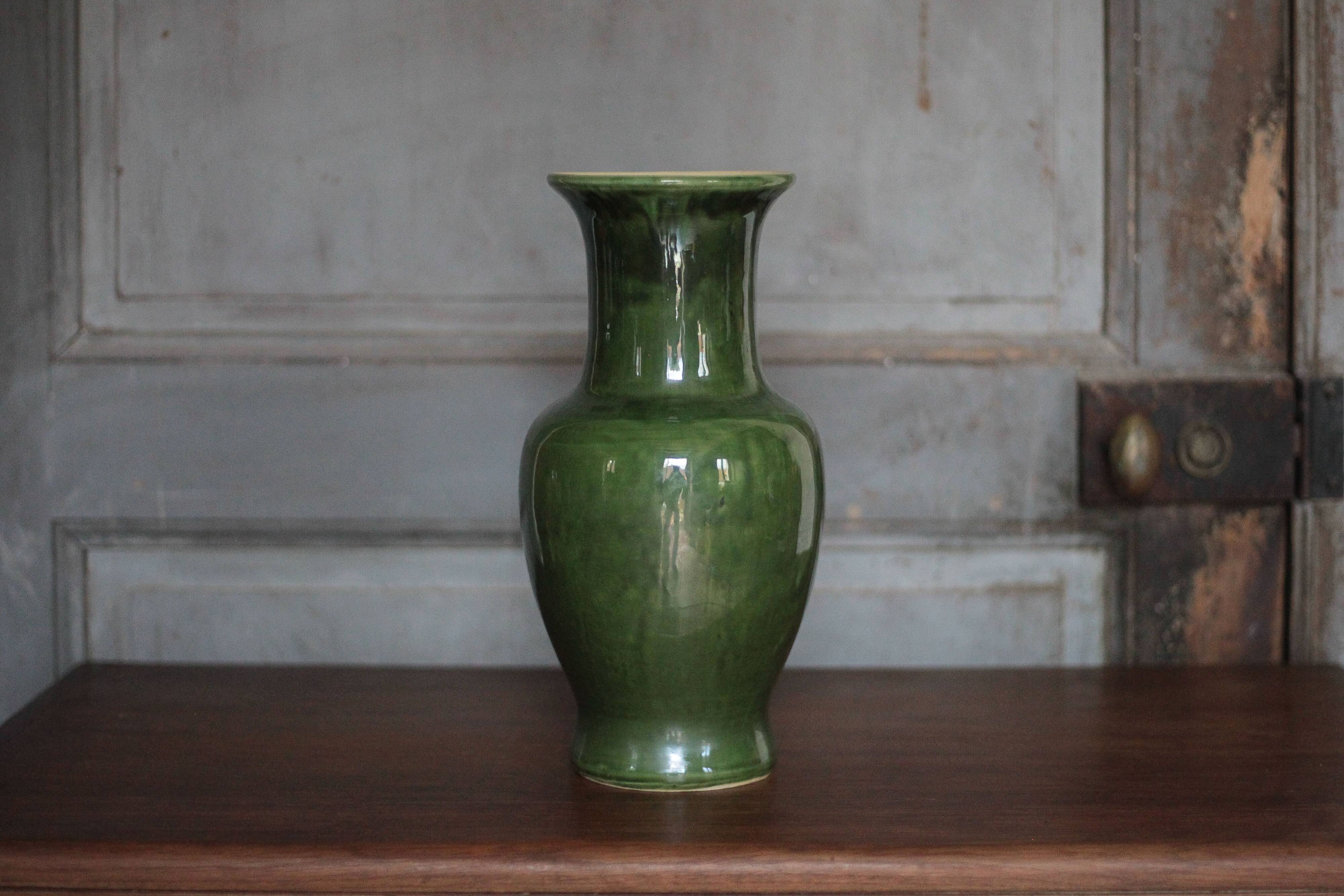 Green glazed ceramic vase, vintage baluster vase, flower pot