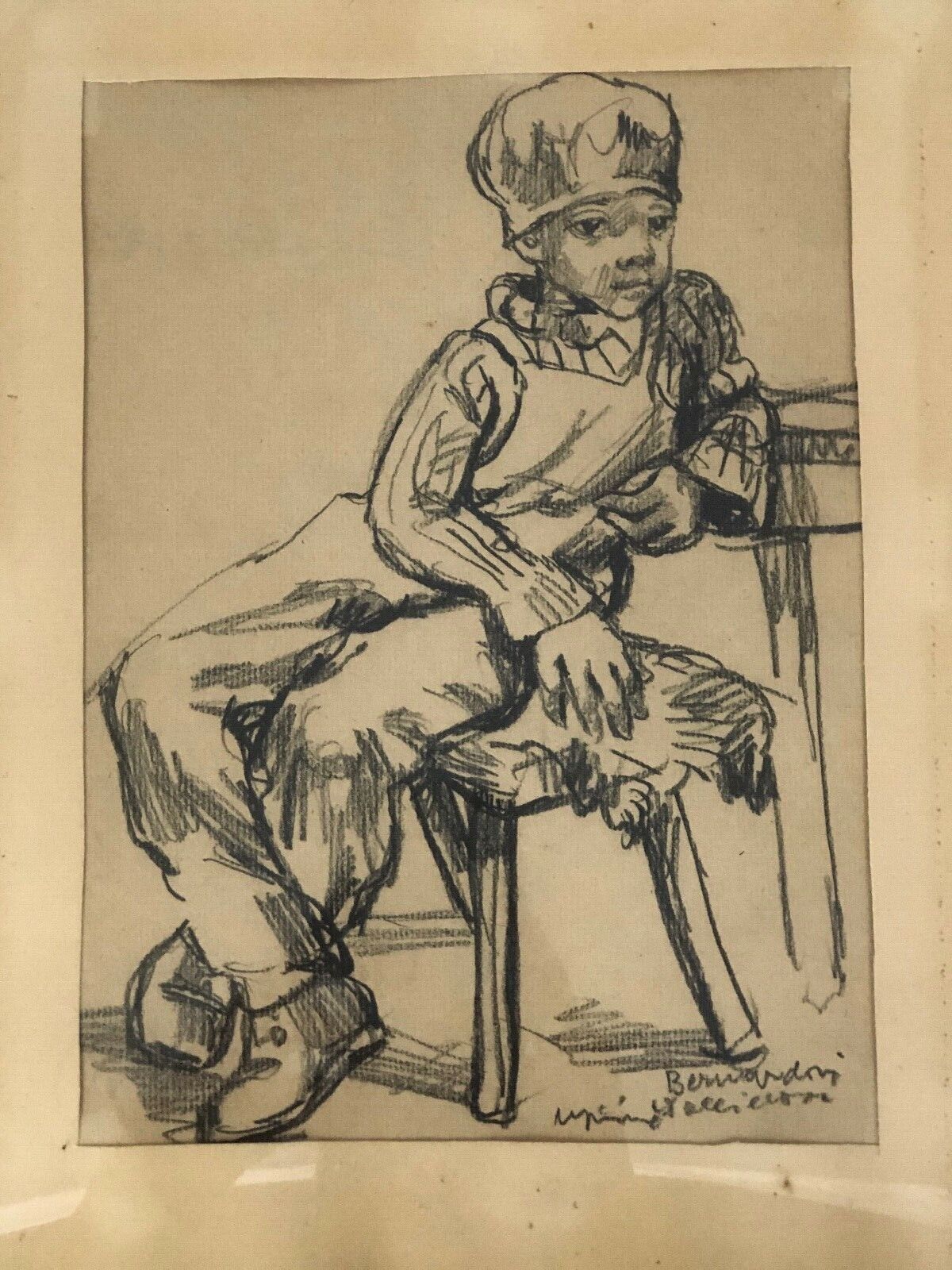 Charcoal on paper by Bernardin or Barnadouin Garçon à la gavroche