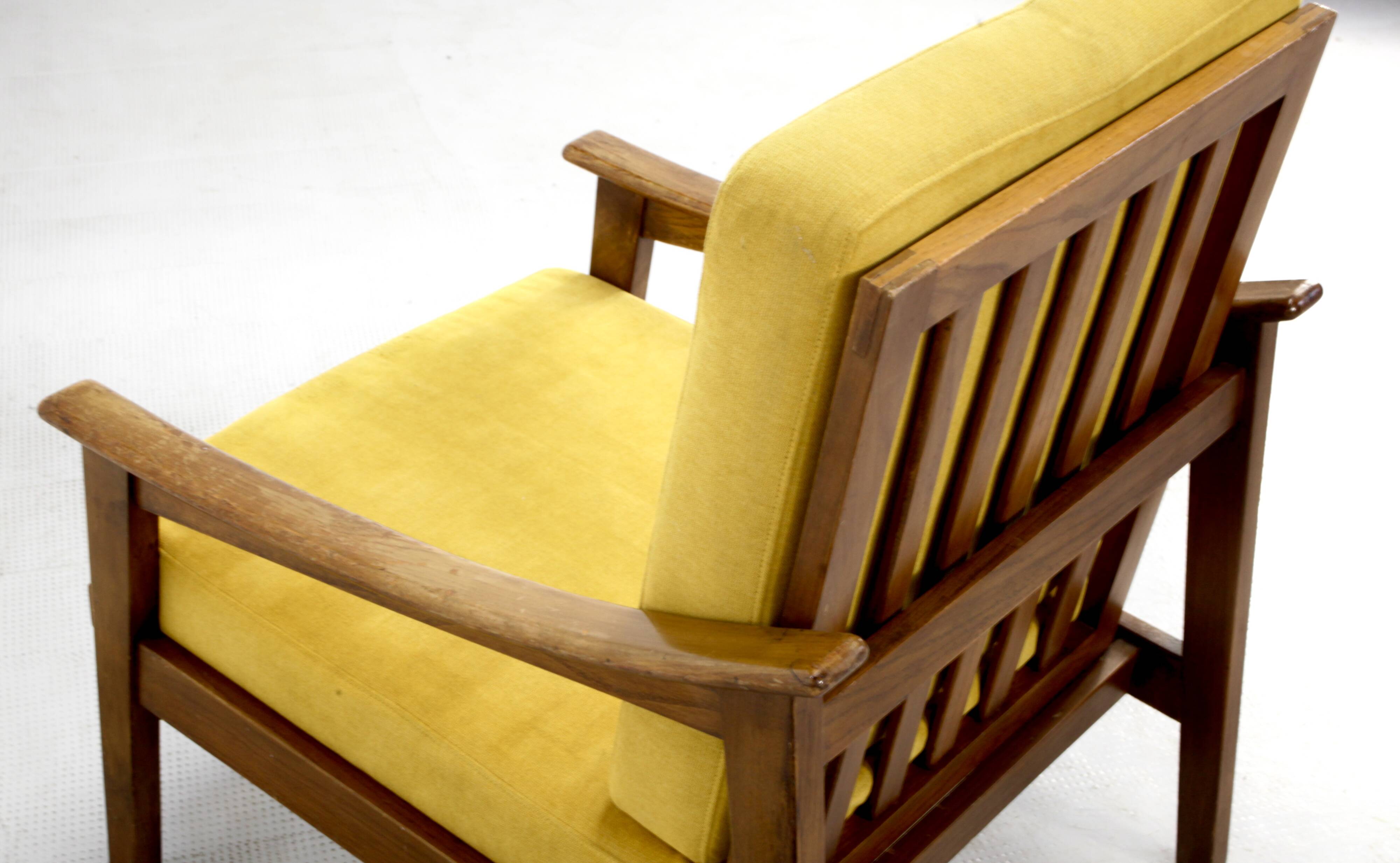 Midcentury Italian Armchair In Teak And Mustard Velvet.