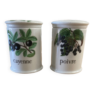2 spice jars Paris porcelain with cayenne pepper fruit patterns