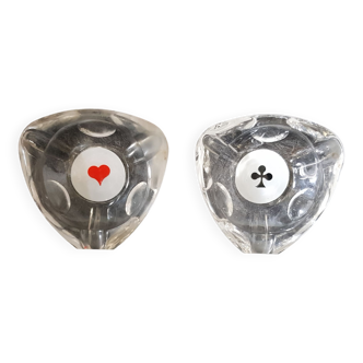 2 small glass ashtrays playing cards Heart and Clover.