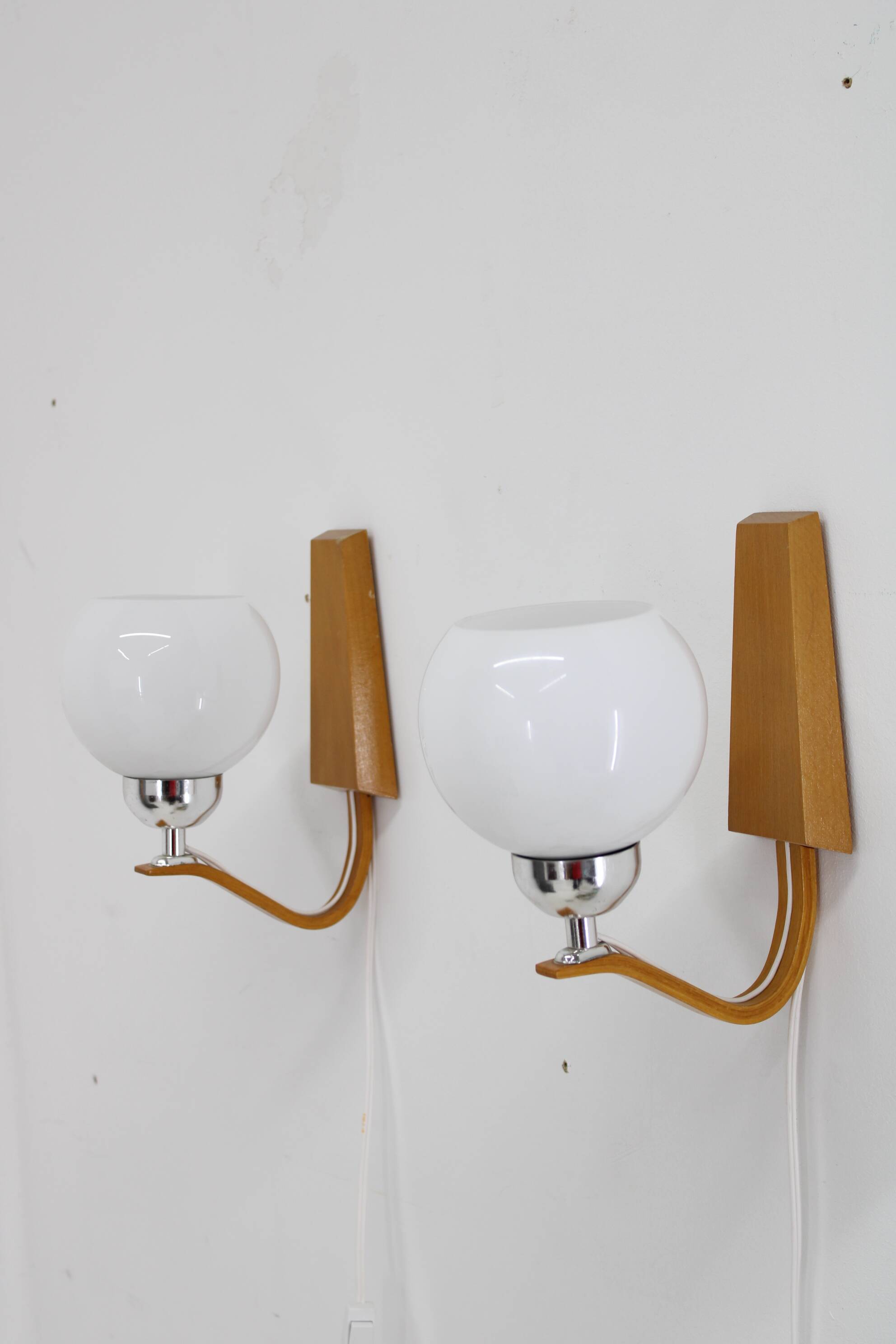 1960s Pair of Wooden Wall Lamps with Glass Shades by Drevo Humpolec, Czechoslovakia