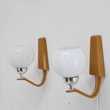 1960s Pair of Wooden Wall Lamps with Glass Shades by Drevo Humpolec, Czechoslovakia