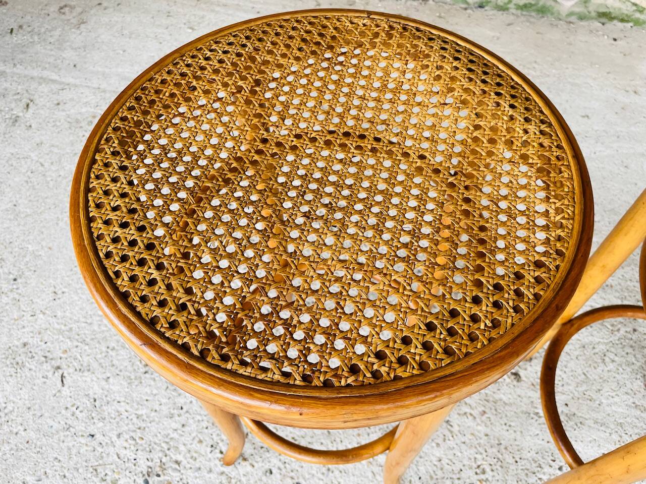 Pair of vintage bar stools, curved wood and cane