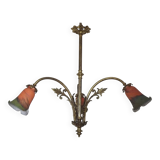 Art Nouveau three-light chandelier in bronze with orange and green glass shade, France.