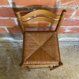 Tabouret de bar haut ancien bois tourné + assise paillée vintage