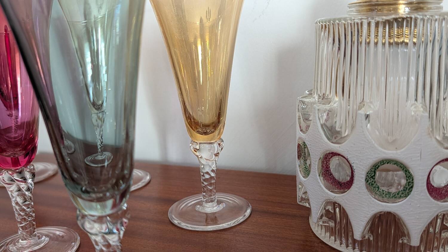 6 coloured glass champagne flutes from the 1950s